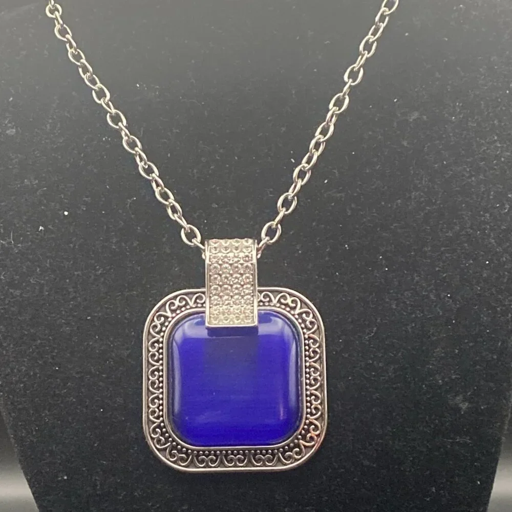 Royal Blue Cat's Eye Pendant Iced Out CZ Hip Hop Silver Tone  Chain Cable 34+2" - Picture 6 of 6